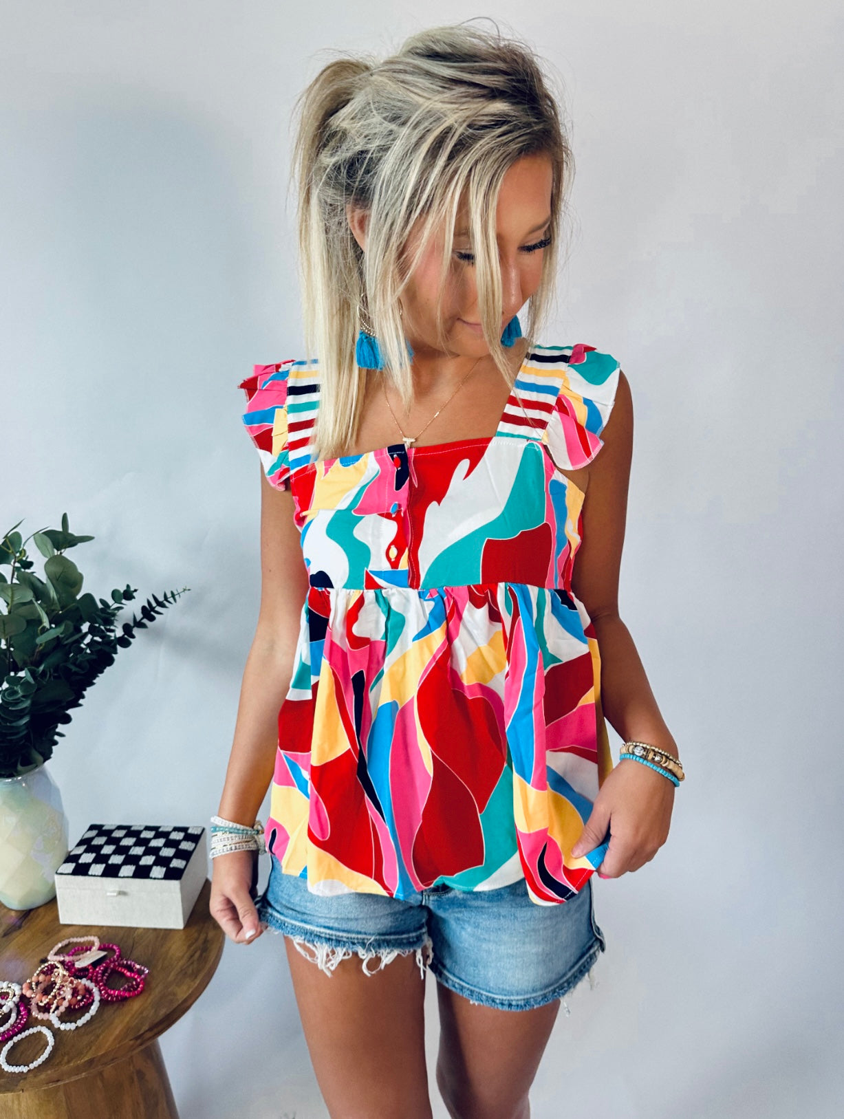 Multicolor Abstract Wide Strap Blouse Top