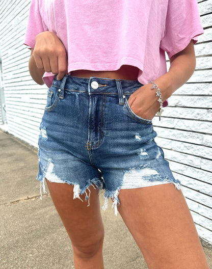 Krista Kate High Rise Destressed Denim Shorts