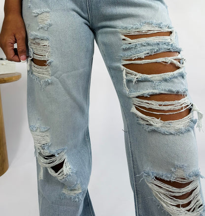 Lara Heavy Distressed Light Wash Denim Jeans