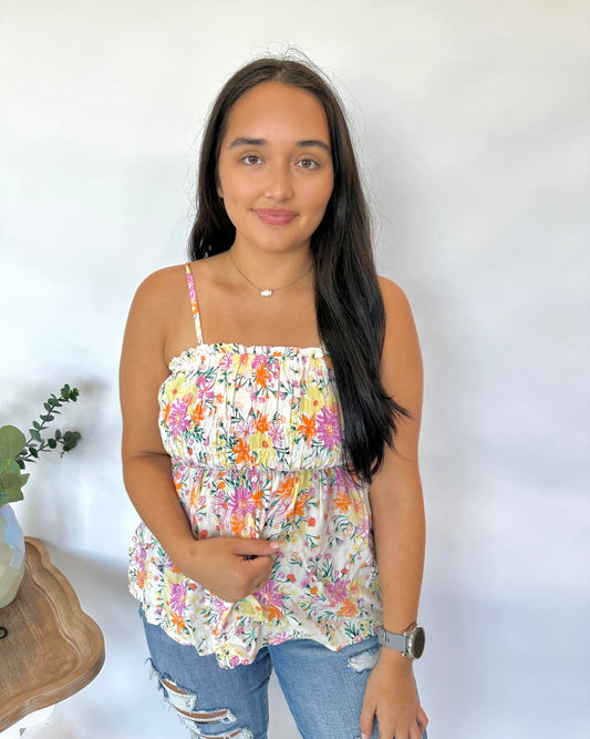 cream Floral Shirred Cami Top