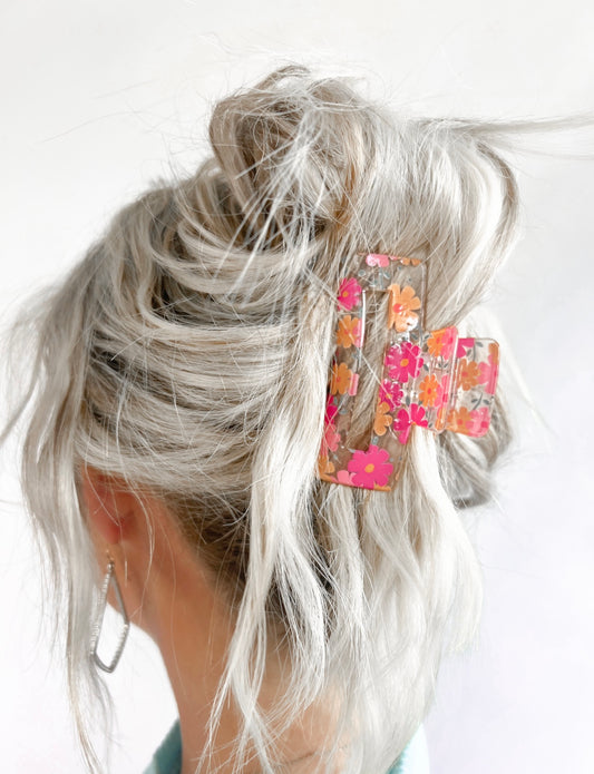 Pink Floral Print Clear Hair Clip
