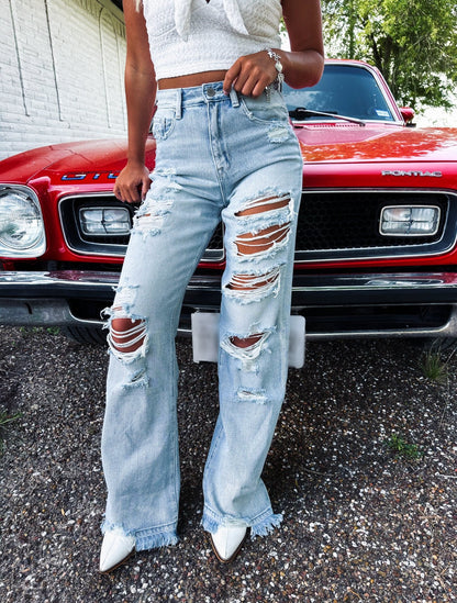 Lara Heavy Distressed Light Wash Denim Jeans