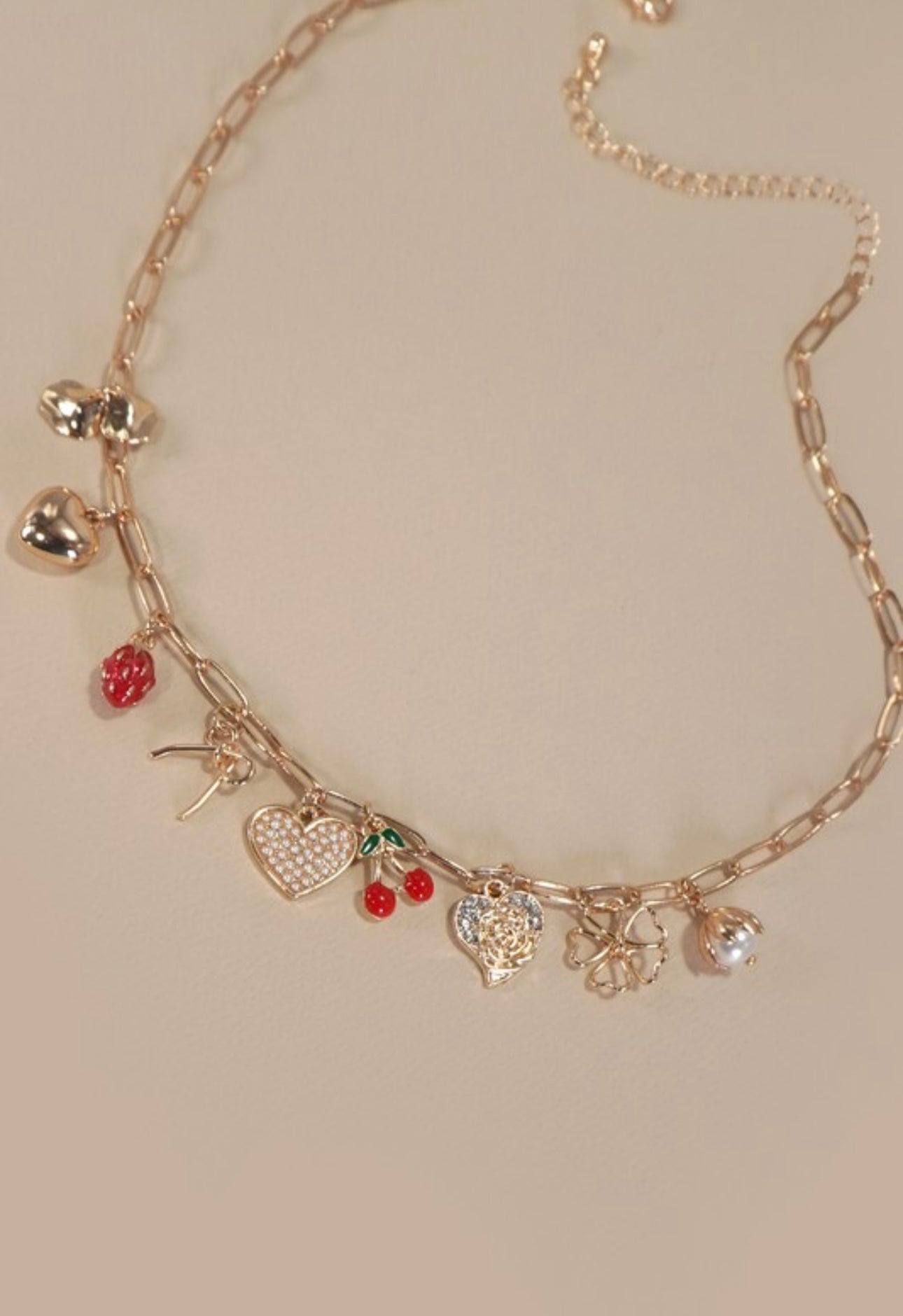 Multi Charm Bow and Cherry Necklace