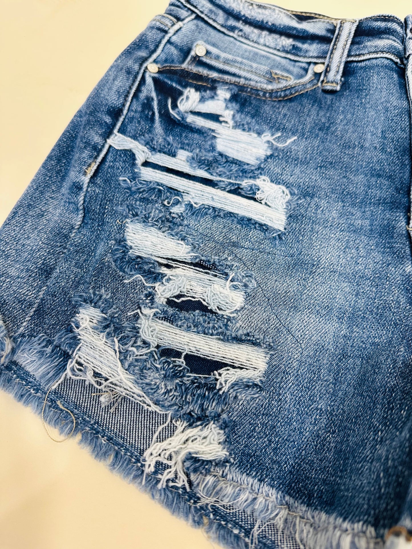 Finally Here Distressed Dark Wash Denim Shorts