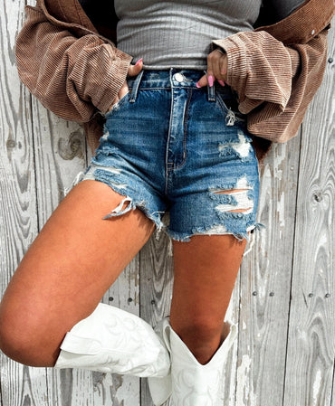 The Alyssa Dark Wash Distressed Denim Shorts