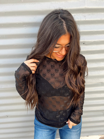 Mesh Black Bow Long Sleeve Top