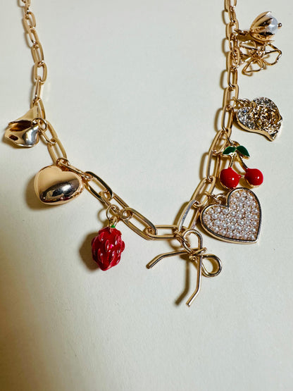 Multi Charm Bow and Cherry Necklace