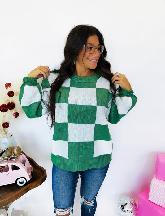 Give Me A Break Green Checkered Sweater Top