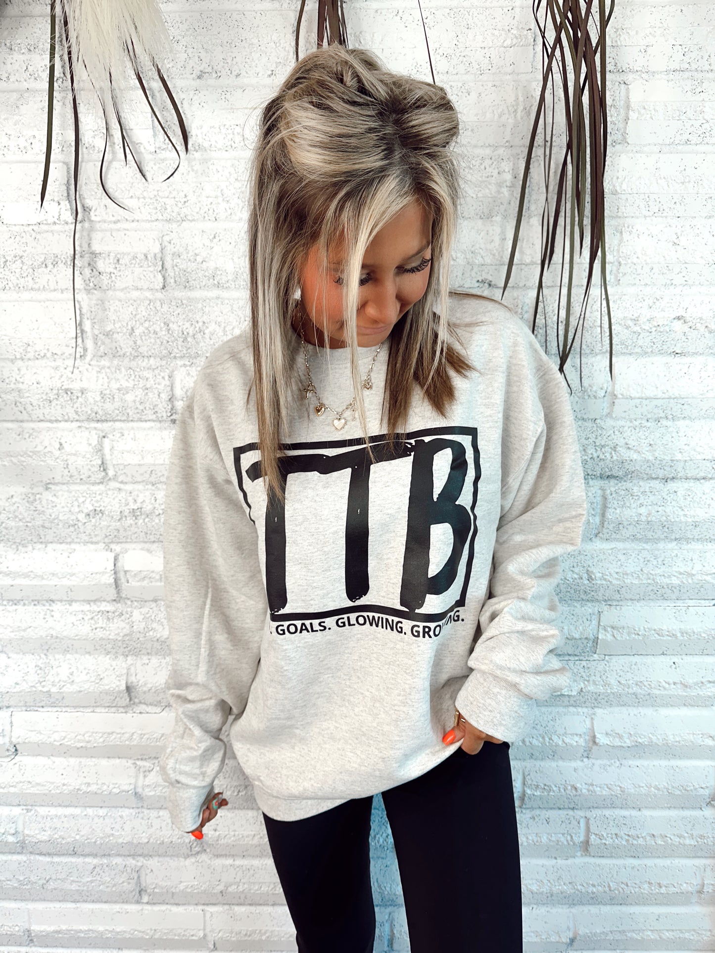 Textured Cream TTB w Black Logo Crewneck Top