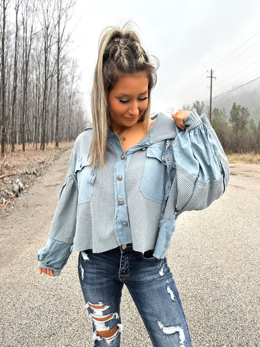 Might Be Love Dusty Blue Button Up Sweater Top