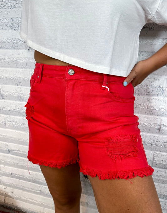 Watermelon Sugar Red Distressed Shorts