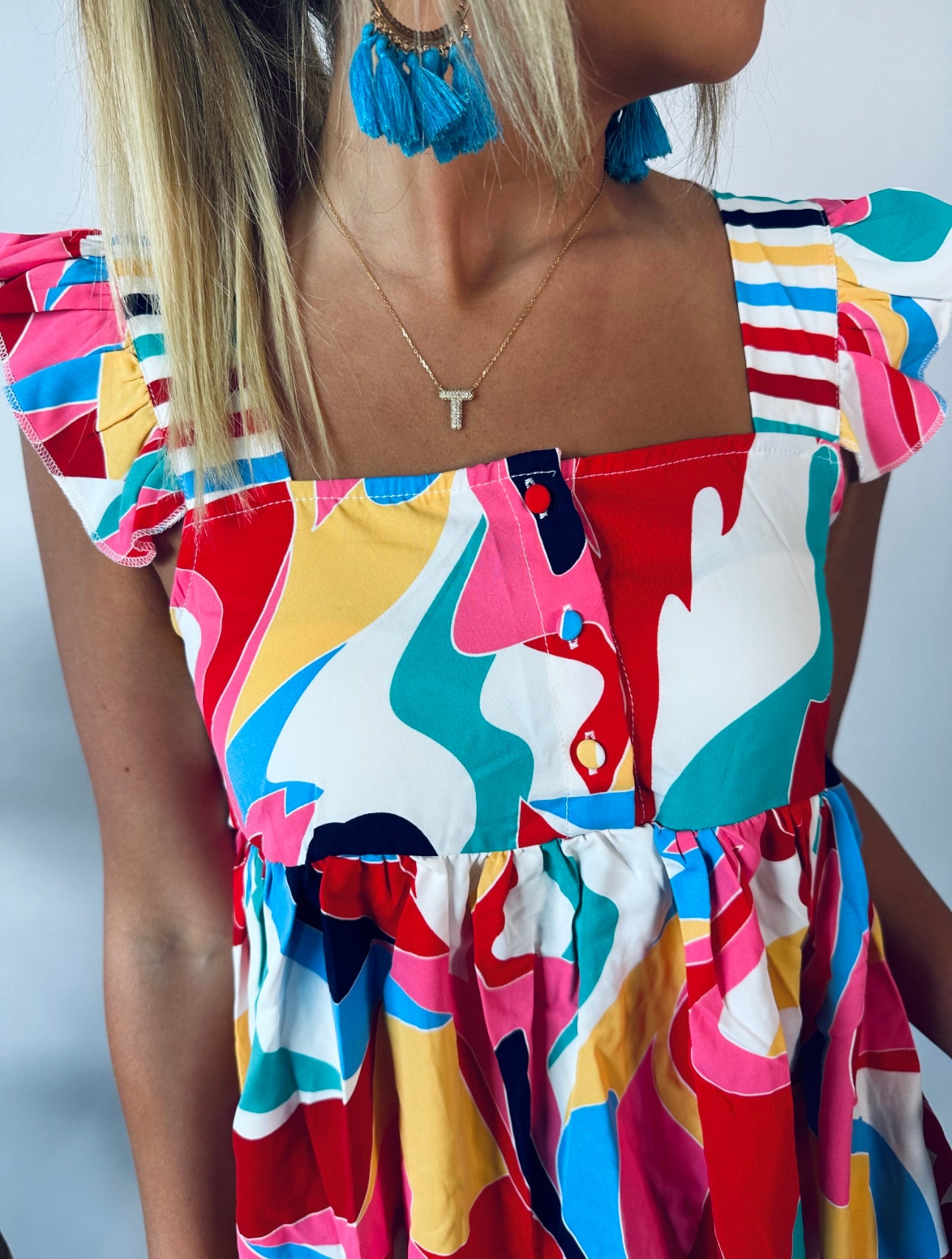 Multicolor Abstract Wide Strap Blouse Top