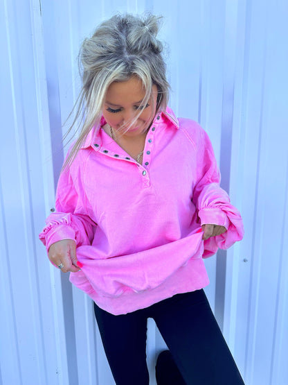 Priscilla Pink snap Button Collared Pullover Top