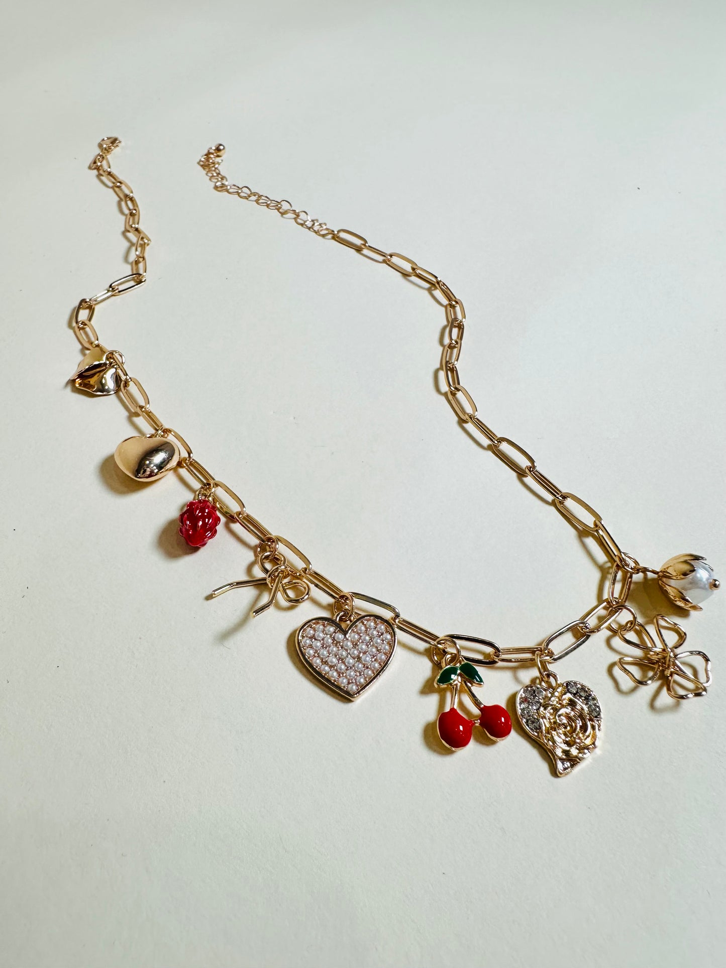 Multi Charm Bow and Cherry Necklace