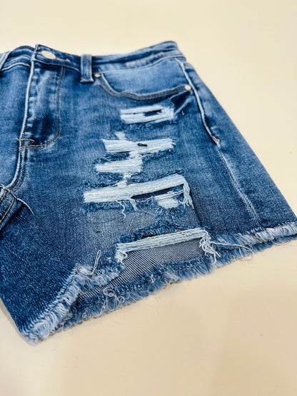 Finally Here Distressed Dark Wash Denim Shorts