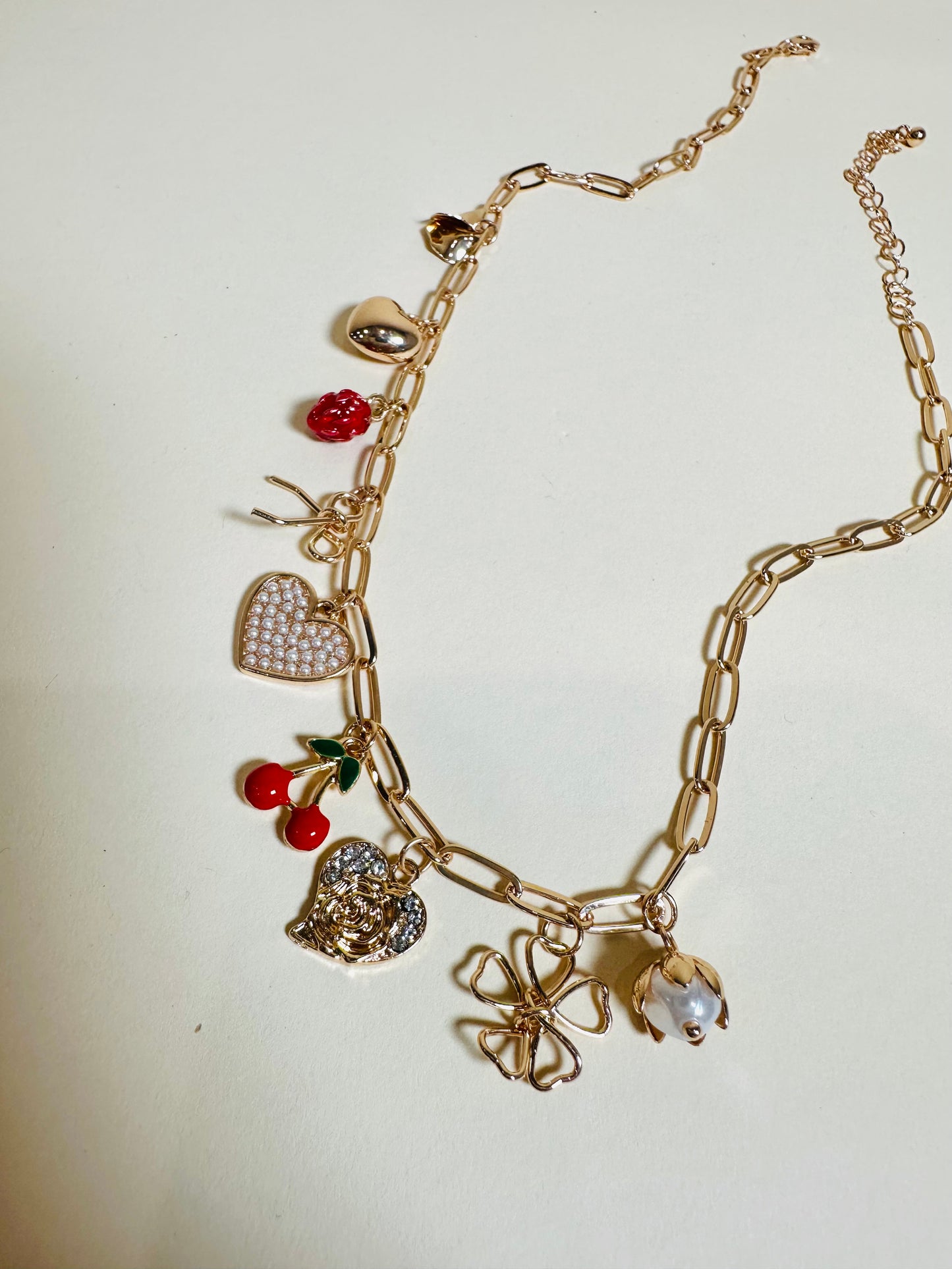 Multi Charm Bow and Cherry Necklace