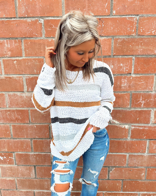 Cozy Nights Cream Striped Sweater Top