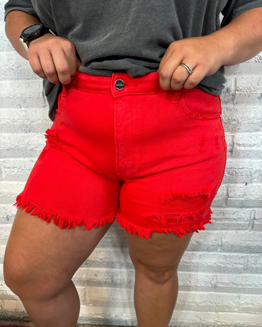 Watermelon Sugar Red Distressed Shorts