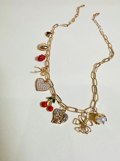 Multi Charm Bow and Cherry Necklace