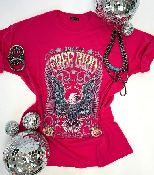 Hot Pink America Free Bird Graphic Top