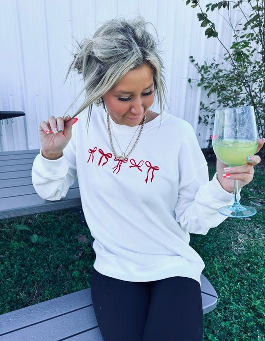 White Bow Embroidery Cozy Crewneck Top