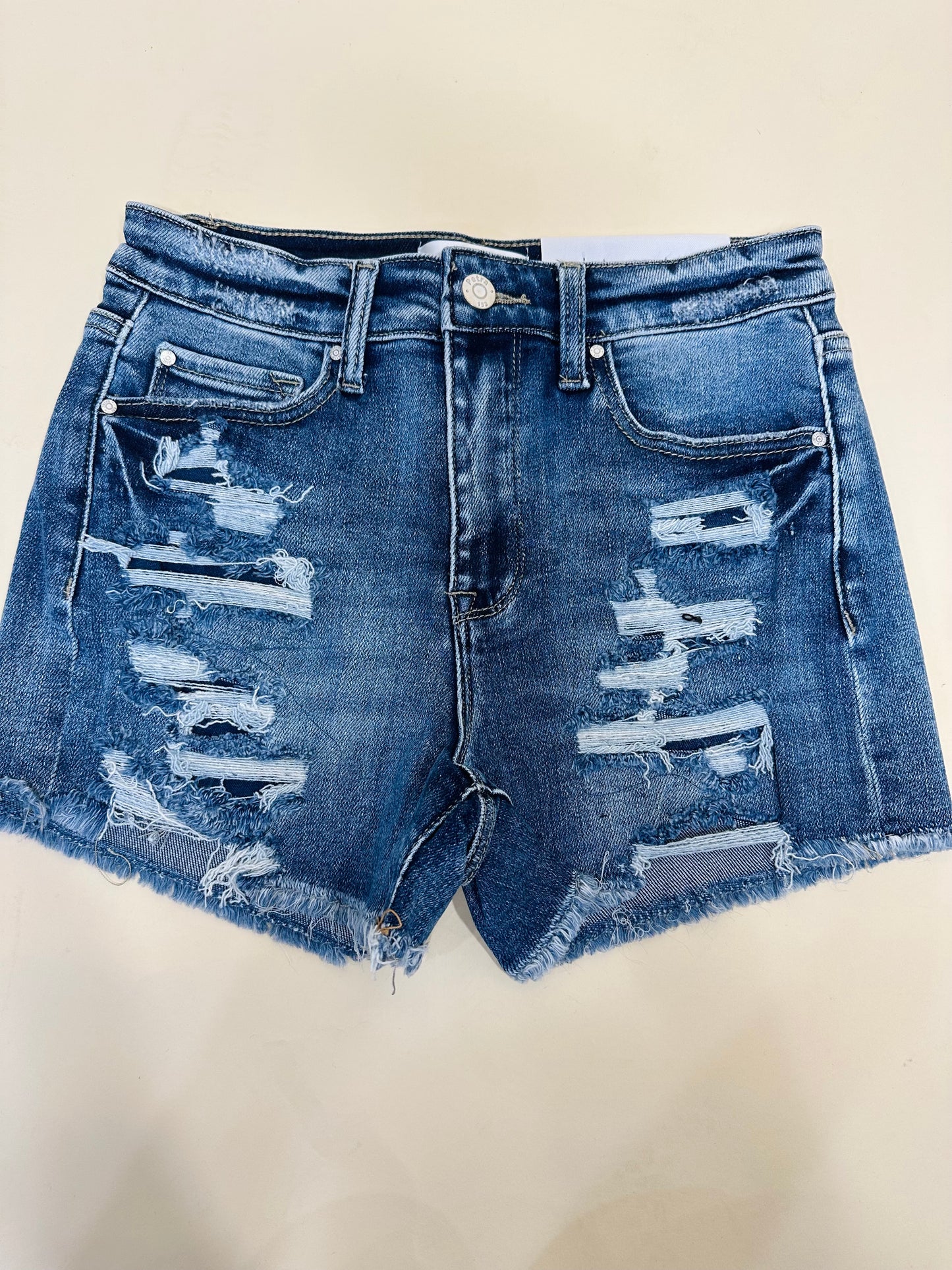 Finally Here Distressed Dark Wash Denim Shorts