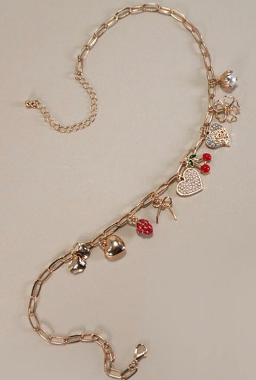 Multi Charm Bow and Cherry Necklace