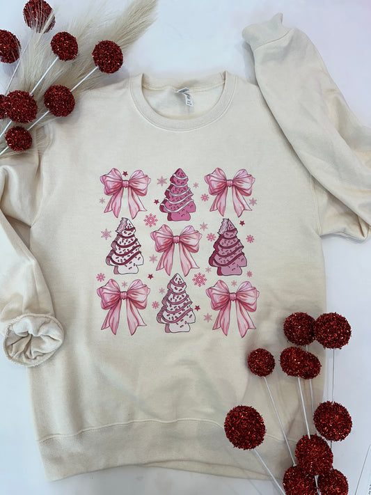 Pretty Pink Christmas Trees + Bows Crewneck Top