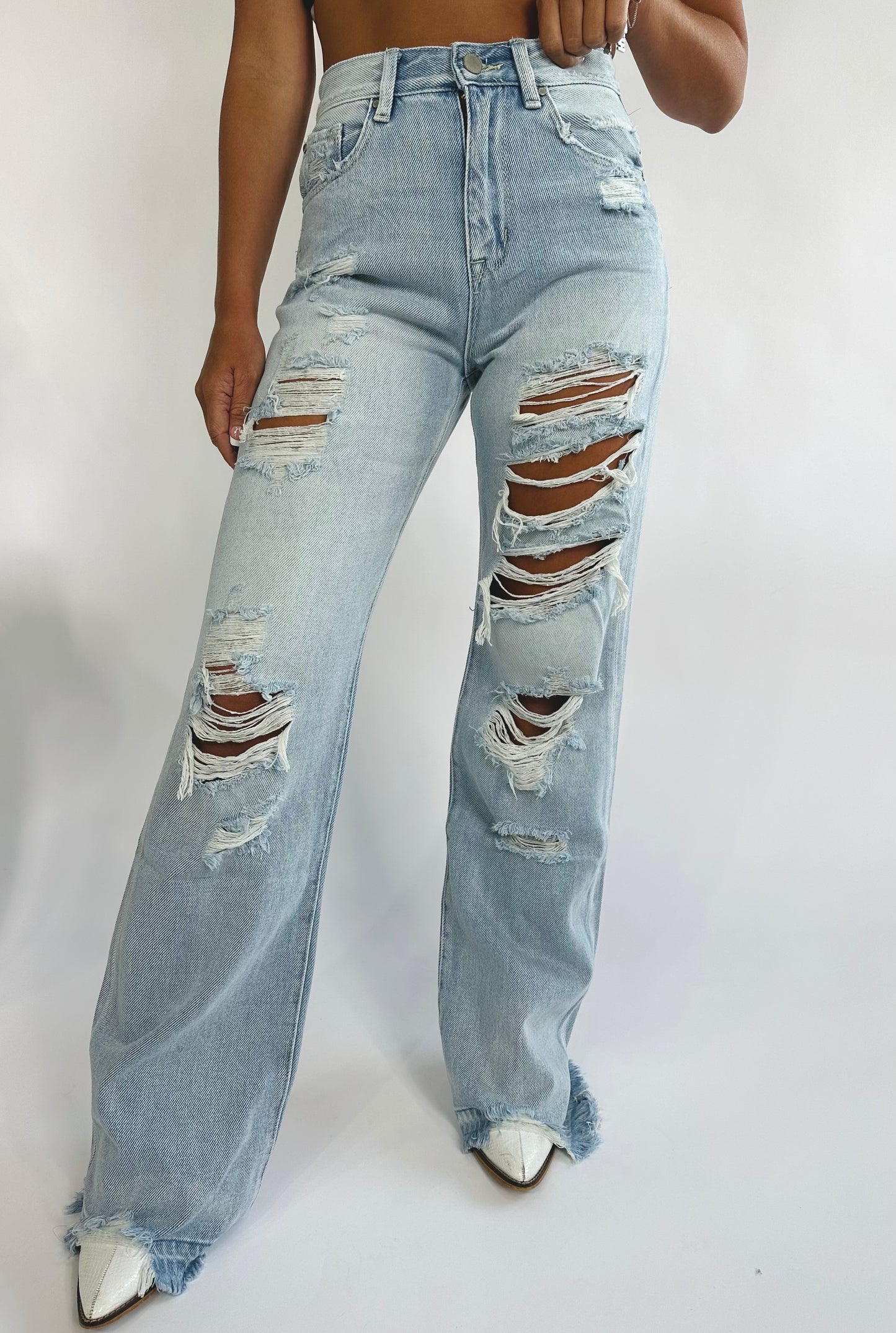 Lara Heavy Distressed Light Wash Denim Jeans